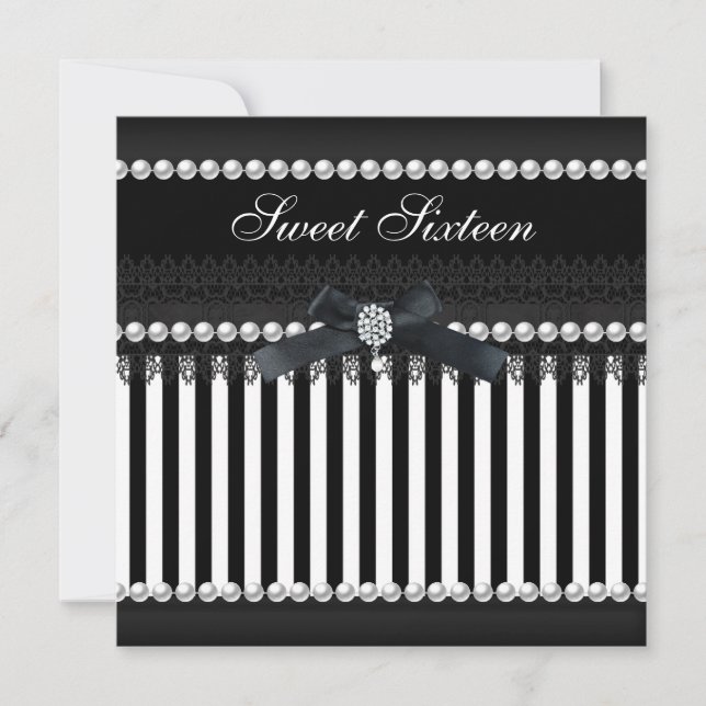 Invitation Sweet 16 Seize Black White Stripe Pearl Lace (Devant)