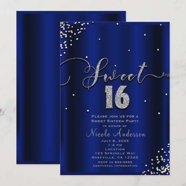 Invitation SWEET 16 Seize Bleu Royal Argent Confetti Corner (Devant / Derrière)