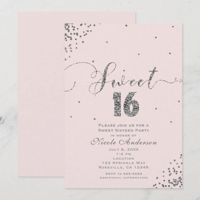 Invitation SWEET 16 Seize Coin Confetti en Argent Rose Bleu (Devant / Derrière)