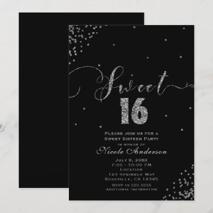 Invitation SWEET 16 Seize Coin Confetti Noir & Argent