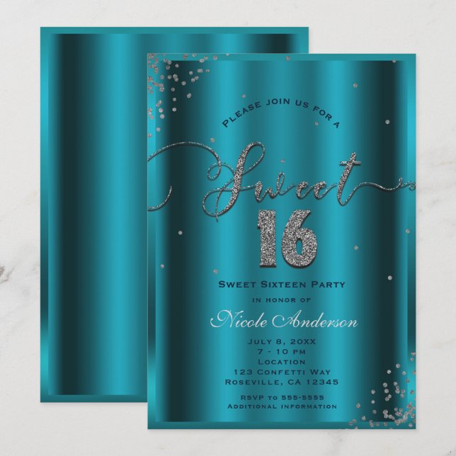 Invitation SWEET 16 Seize Coins Confetti Acier Bleu Aqua (Devant / Derrière)