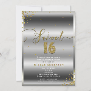 Invitation SWEET 16 Seize Coins Confetti Argent & Or