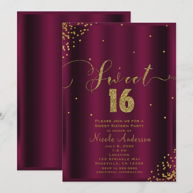 Invitation SWEET 16 Seize Coins Confetti Bourgogne & Or (Devant / Derrière)