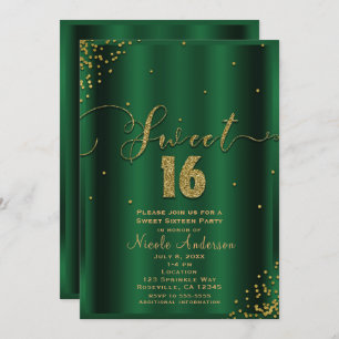 Invitation SWEET 16 Seize coins confetti émeraude et or
