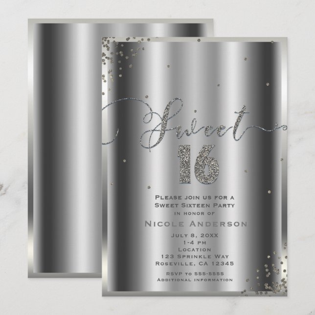 Invitation SWEET 16 Seize Coins Confetti Glam Argent (Devant / Derrière)