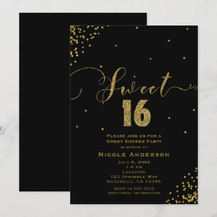 Invitation SWEET 16 Seize coins Confetti Noir & Or