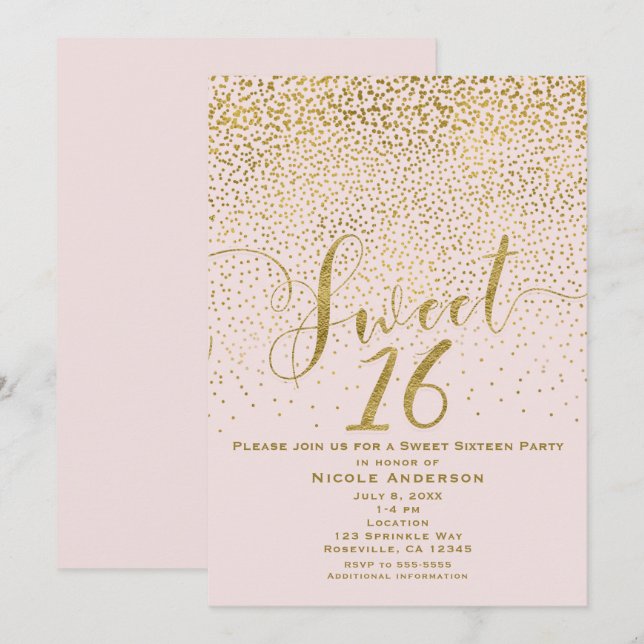 Invitation SWEET 16 Seize Confetti rose et or (Devant / Derrière)
