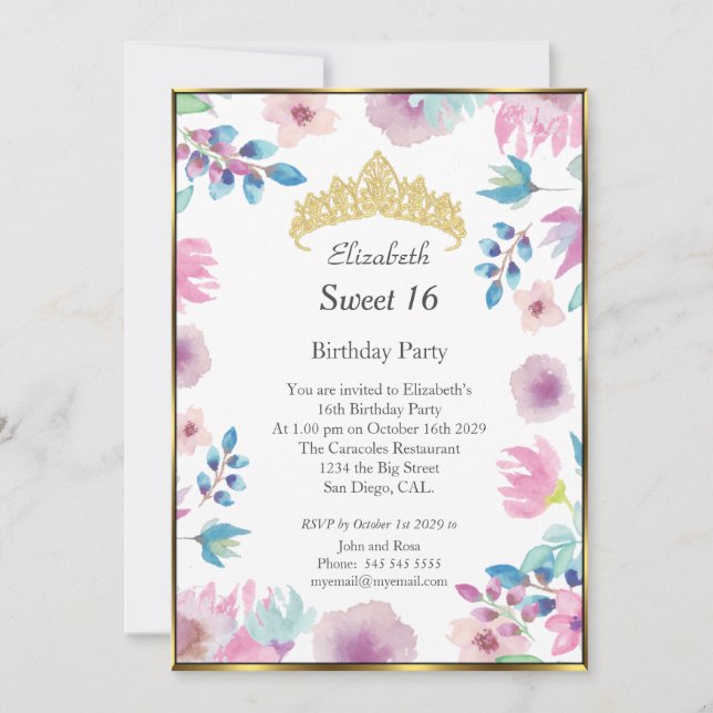 Invitation Sweet 16 Seize Fleurs florales fête d'anniversaire (Devant)