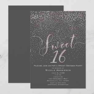 Invitation SWEET 16 Seize Modernes Confettis Gris Argent