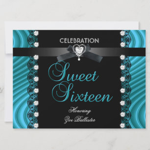 Invitation Sweet 16 Seize Noir Bleu Sarcelle Blanc Dentelle