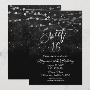 Invitation Sweet 16 Seize Noirs et lumières scintillantes arg