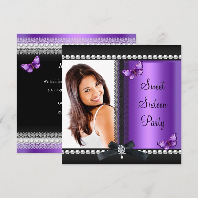 Invitation Sweet 16 Seize Papillon noir violet (Devant / Derrière)
