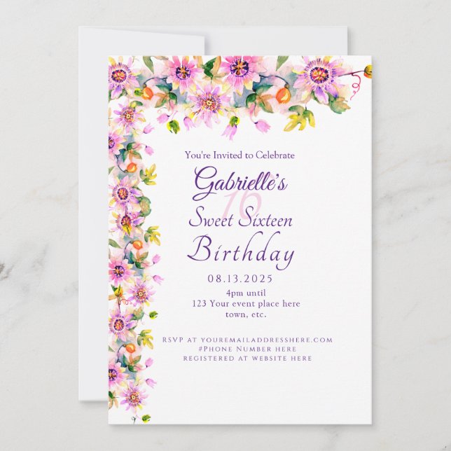Invitation Sweet 16 Seize Rose Floral fête d'anniversaire (Devant)
