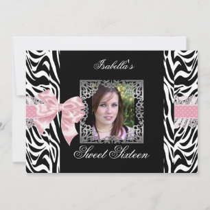 Invitation Sweet 16 Seize Rose Noir Blanc Zèbre