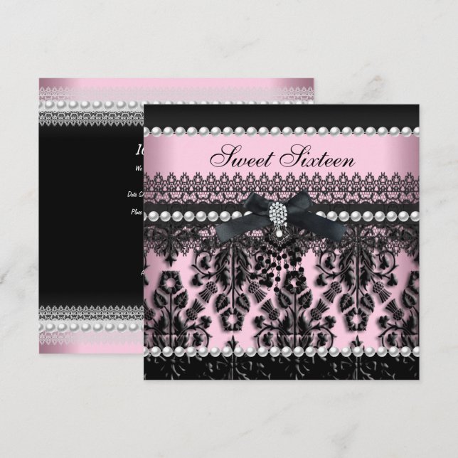 Invitation Sweet 16 Seize rose noir perle dentelle Damask (Devant / Derrière)