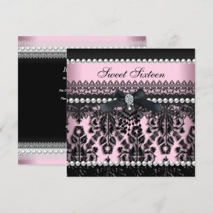 Invitation Sweet 16 Seize rose noir perle dentelle Damask