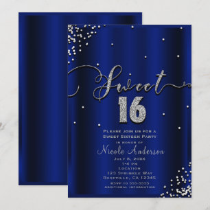 Invitation SWEET 16 Seize Royal Blue Silver Confetti Corner