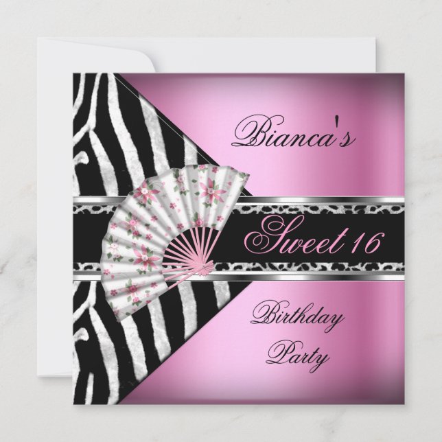 Invitation Sweet 16 Seize Ventilateur Rose Zèbre Noir Leopard (Devant)
