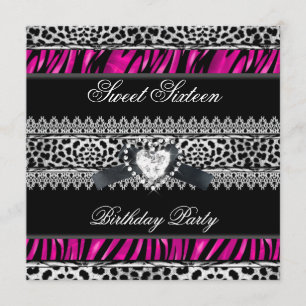Invitation Sweet 16 Seize Zèbre Léopard Rose Noir Diamant