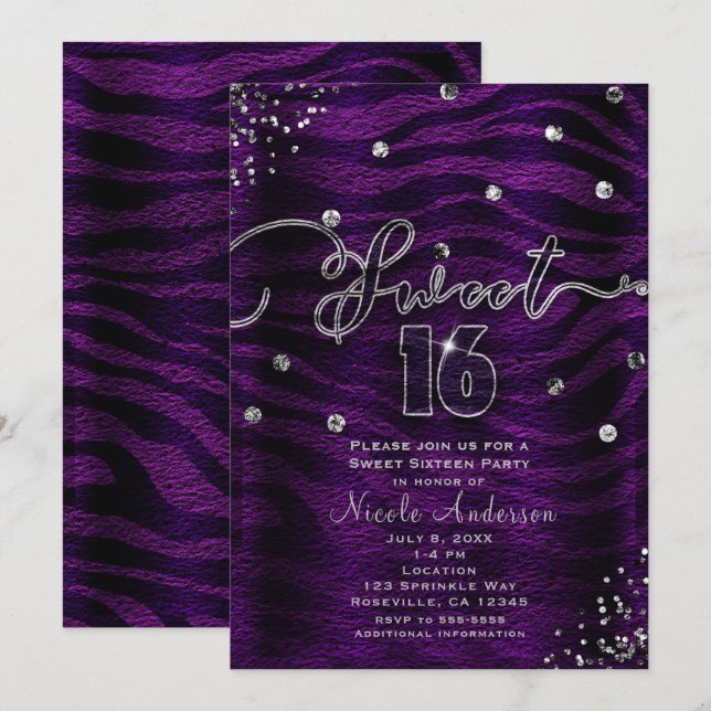 Invitation SWEET 16 Seize Zèbre pourpre & Bling Argent (Devant / Derrière)