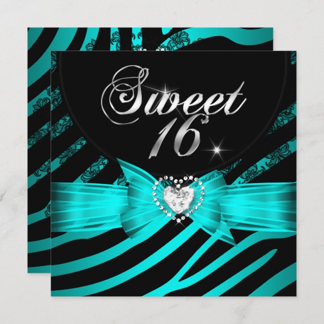 Invitation Sweet 16 Seteen Aqua Blue Black Zebra (Devant / Derrière)