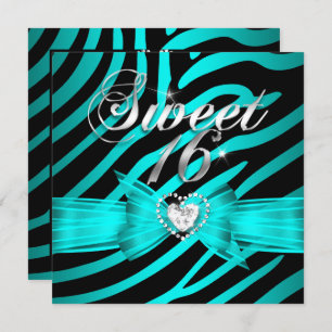 Invitation Sweet 16 Seteen Aqua Blue Black Zebra 2