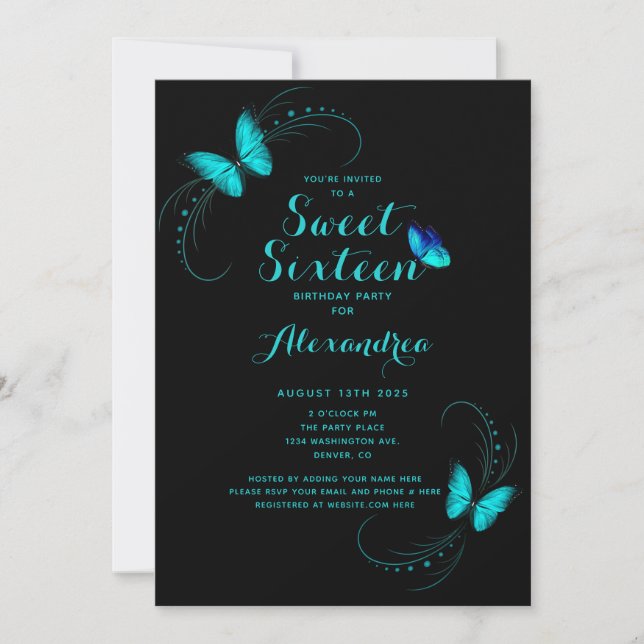 Invitation Sweet 16 Seteen Blue Butterfly Anniversaire (Devant)