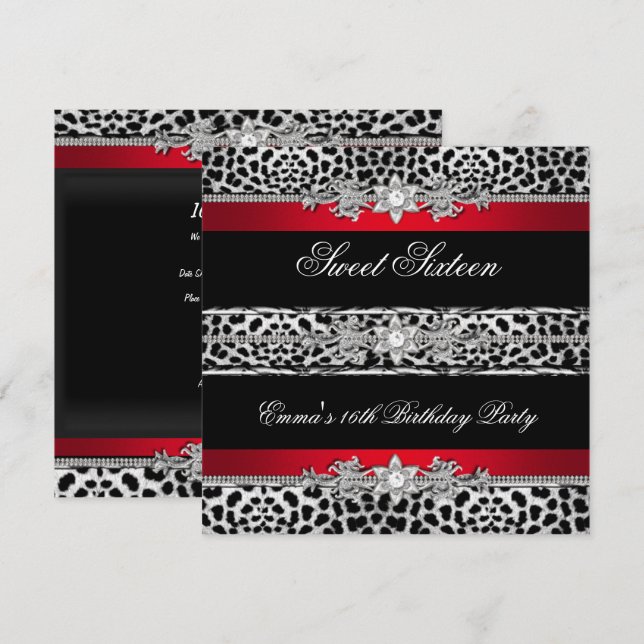 Invitation Sweet 16 Seteen Leopard Red Black Diamond (Devant / Derrière)