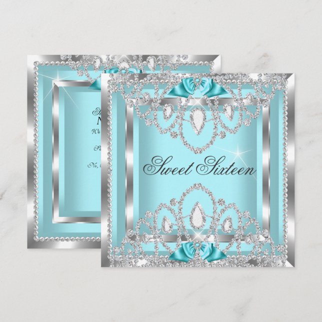 Invitation Sweet 16 Seteen Turquoise Blue Silver Diamond Part (Devant / Derrière)