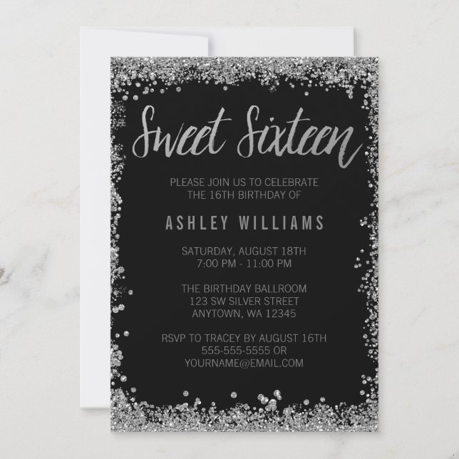 Invitation Sweet 16 Silver Black Faux Parties scintillant Ann (Devant)