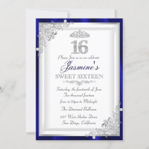 Invitation Sweet 16 Silver Blue Diamond Damask & T