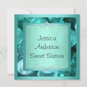Invitation Sweet 16 Silver Turquoise Bubbles Metal Frame Part
