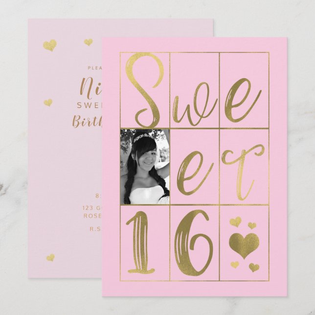 Invitation SWEET 16 SIXTEEN Gold & Blush Pink Hearts Photo (Devant / Derrière)