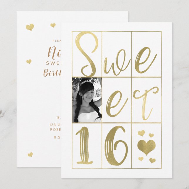 Invitation SWEET 16 SIXTEEN Gold & White Hearts Photo (Devant / Derrière)