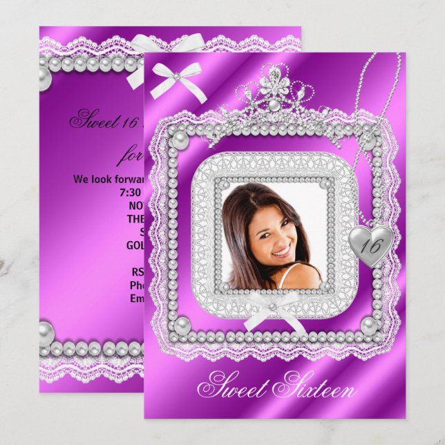 Invitation Sweet 16 Sixteen Rose Purple Lace Pearl Photo 2 (Devant / Derrière)