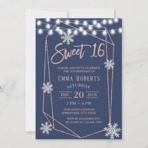 Invitation Sweet 16 Snowflakes Géométrique Rose Gold Navy Ble