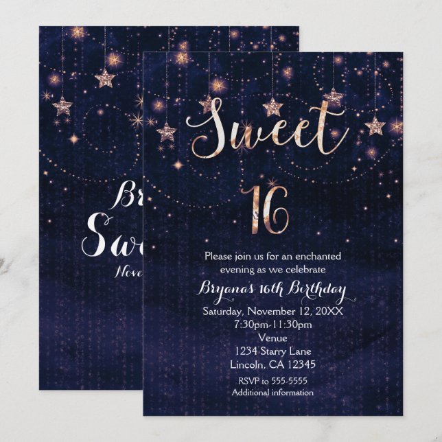 Invitation Sweet 16 Starry Night violet et or (Devant / Derrière)