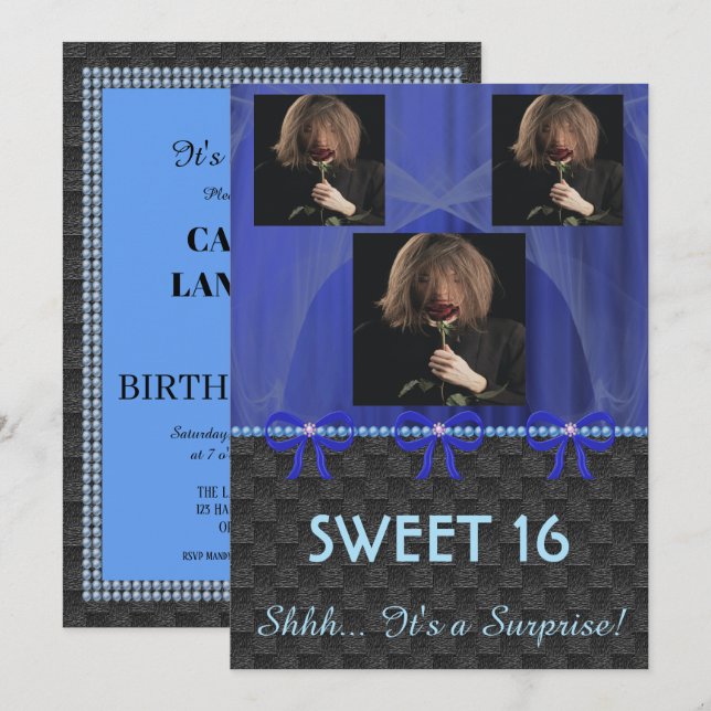 Invitation Sweet 16 Surprise Party Blue Soie & Perles & photo (Devant / Derrière)