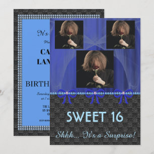 Invitation Sweet 16 Surprise Party Blue Soie & Perles & photo