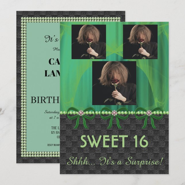 Invitation Sweet 16 Surprise Party Green Soie & Perles & phot (Devant / Derrière)