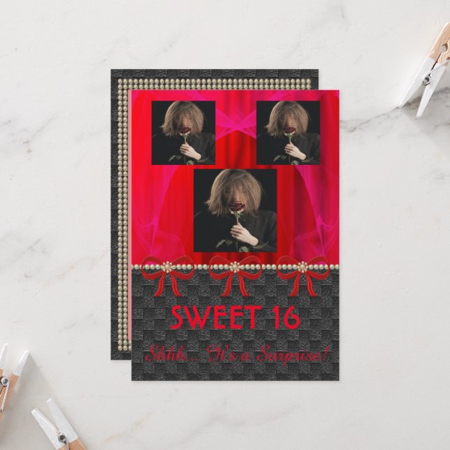 Invitation Sweet 16 Surprise Party Rouge Soie & Perles & phot (Devant/Arrière en situation)