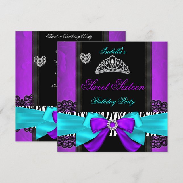 Invitation Sweet 16 Sweet sixteen de fête violet Turquoise Zè (Devant / Derrière)