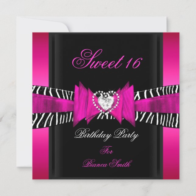Invitation Sweet 16 Sweet sixteen Hot rose noir Zèbre (Devant)