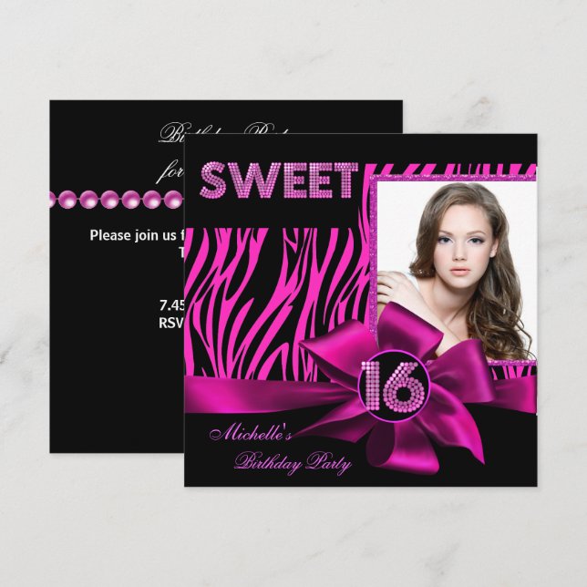 Invitation Sweet 16 Sweet sixteen rose chaud Zèbre photo (Devant / Derrière)