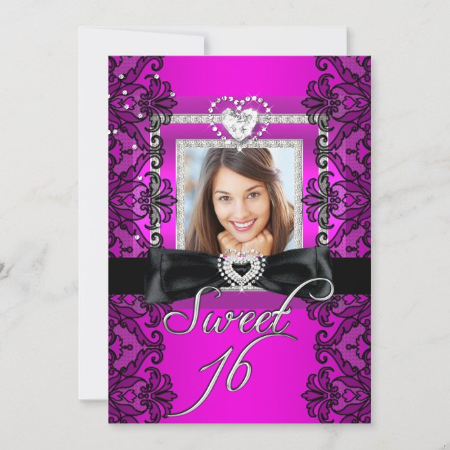 Invitation Sweet 16 Sweet sixteen rose noir dentelle photo (Devant)