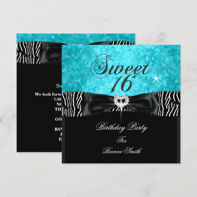 Invitation Sweet 16 Sweet sixteen Turquoise Black Zebra (Devant / Derrière)