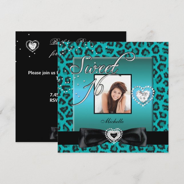Invitation Sweet 16 Sweet sixteen Turquoise Léopard noir phot (Devant / Derrière)