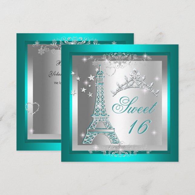 Invitation Sweet 16 Sweet sixteen Turquoise Tour Tiara Eiffel (Devant / Derrière)