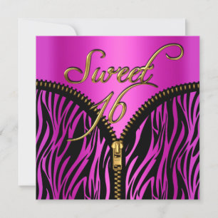 Invitation Sweet 16 Sweet sixteen Zebra Hot rose Or Noir