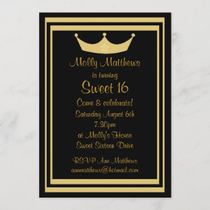 Invitation Sweet 16 Tiara Black & Gold personnalisable